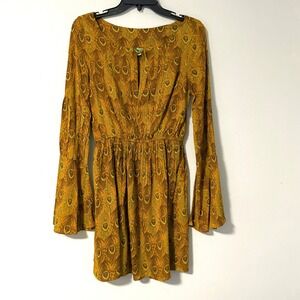 FARM Rio‎ Peacock Feather Mini Dress Long Sleeve Keyhole Neck Elastic Waist M